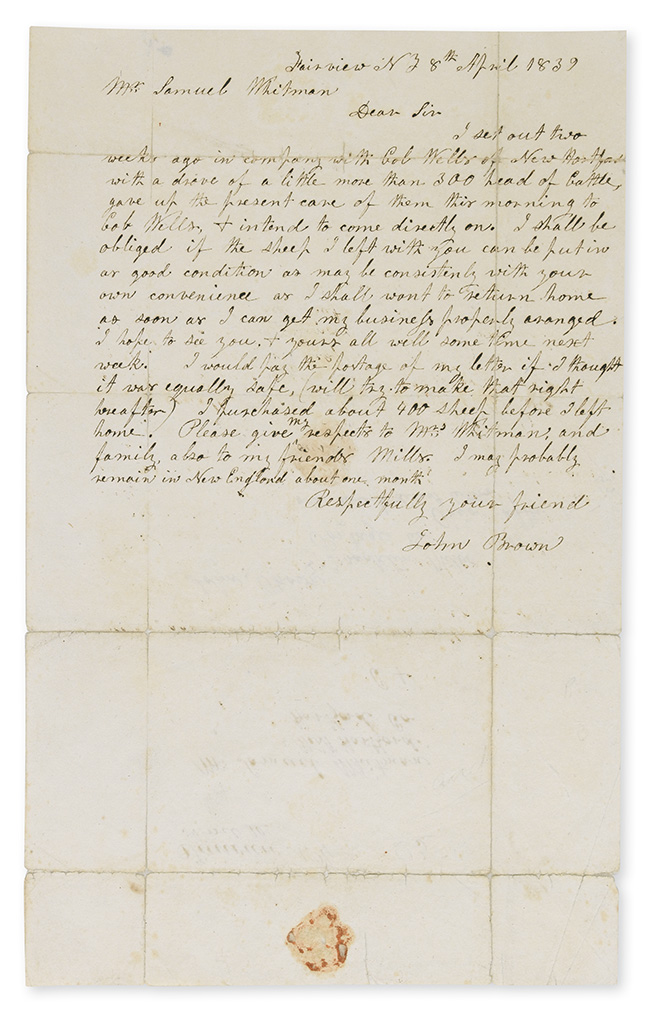 BROWN, JOHN. Autograph Letter Signed, twice, to Samuel Whitman,